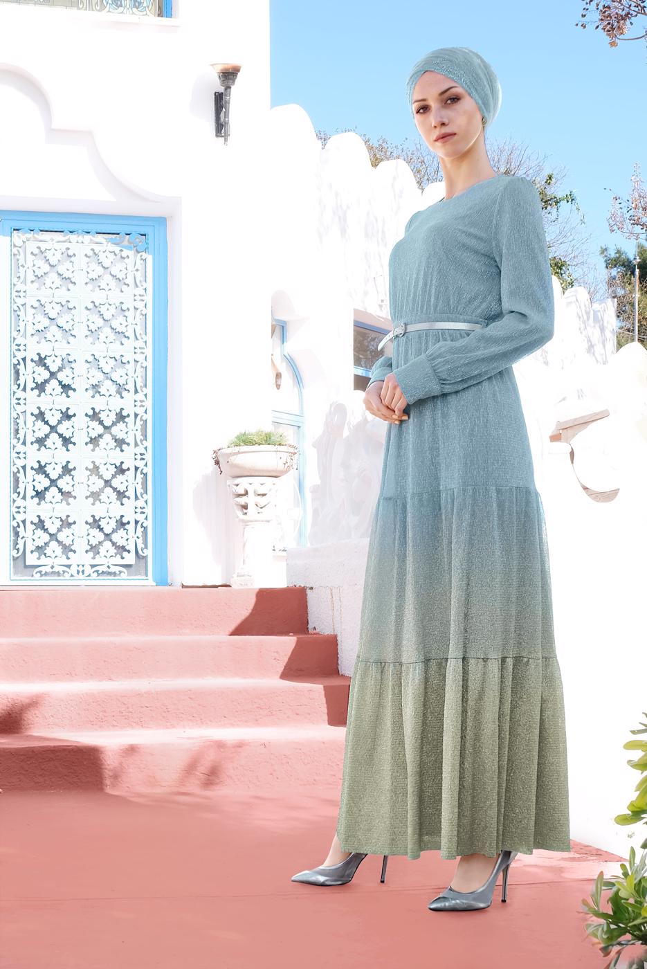 Tesettür giyim MAVİ ALVİNA DEGRADE GEÇİŞLİ SİMLİ ABİYE ELBİSE 5622