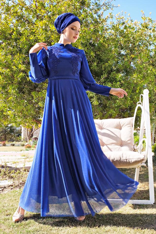 Tesettür giyim  GÜPÜR DETAYLI SİMLİ ABİYE ELBİSE  5710  - TRENDTESETTÜR