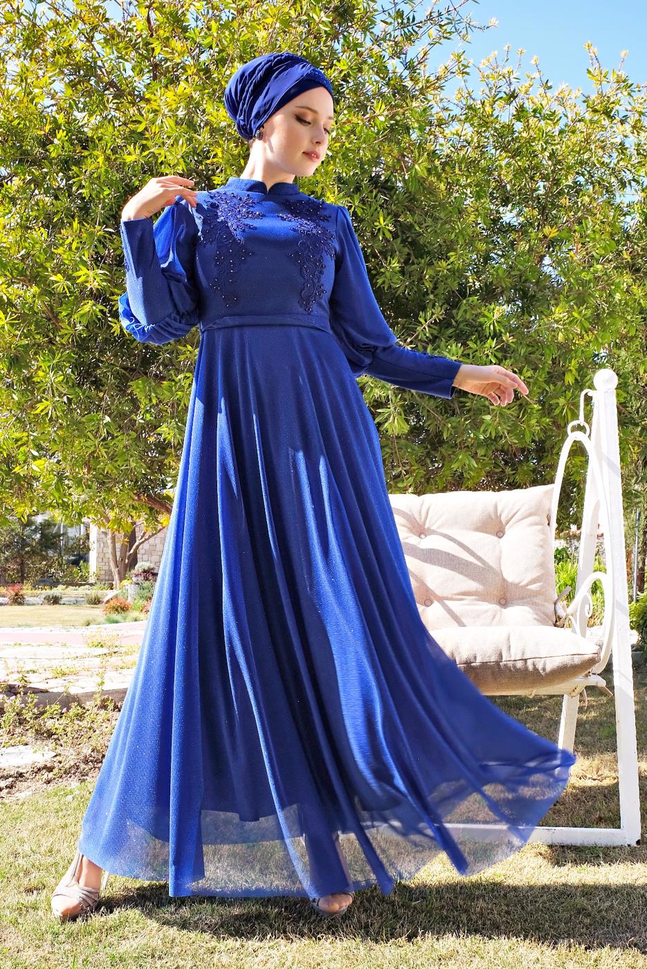 Tesettür giyim LACİVERT GÜPÜR DETAYLI SİMLİ ABİYE ELBİSE  5710 