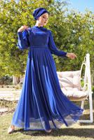 Tesettür giyim LACİVERT GÜPÜR DETAYLI SİMLİ ABİYE ELBİSE  5710 