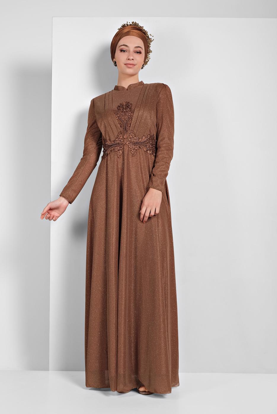 Tesettür giyim KAHVE İŞLEMELİ ABİYE ELBİSE 5810