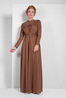 Tesettür giyim KAHVE İŞLEMELİ ABİYE ELBİSE 5810