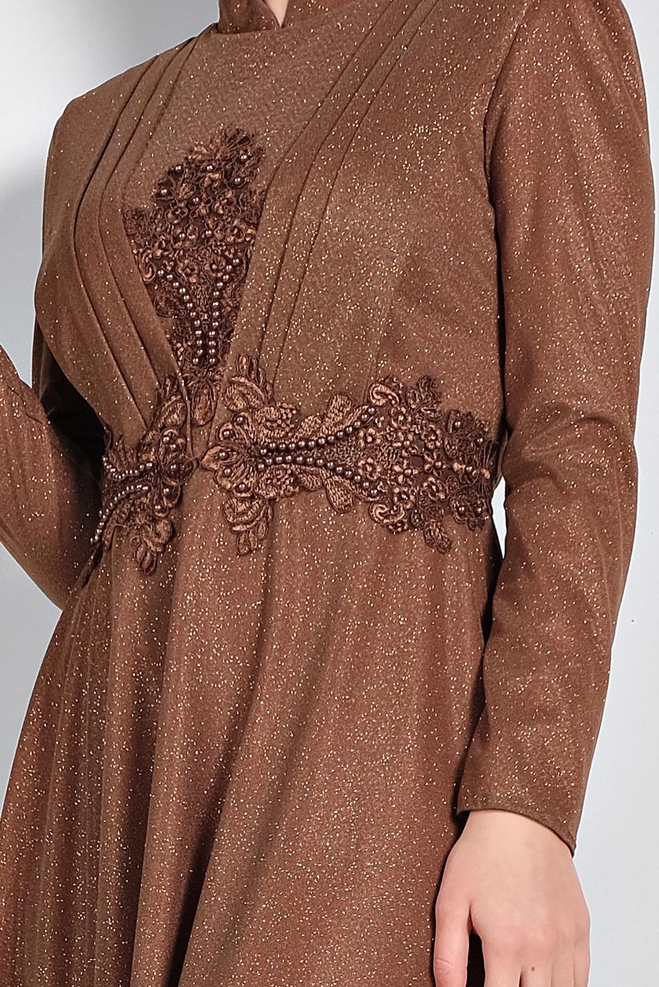 Tesettür giyim KAHVE İŞLEMELİ ABİYE ELBİSE 5810