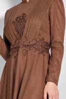 Tesettür giyim KAHVE İŞLEMELİ ABİYE ELBİSE 5810