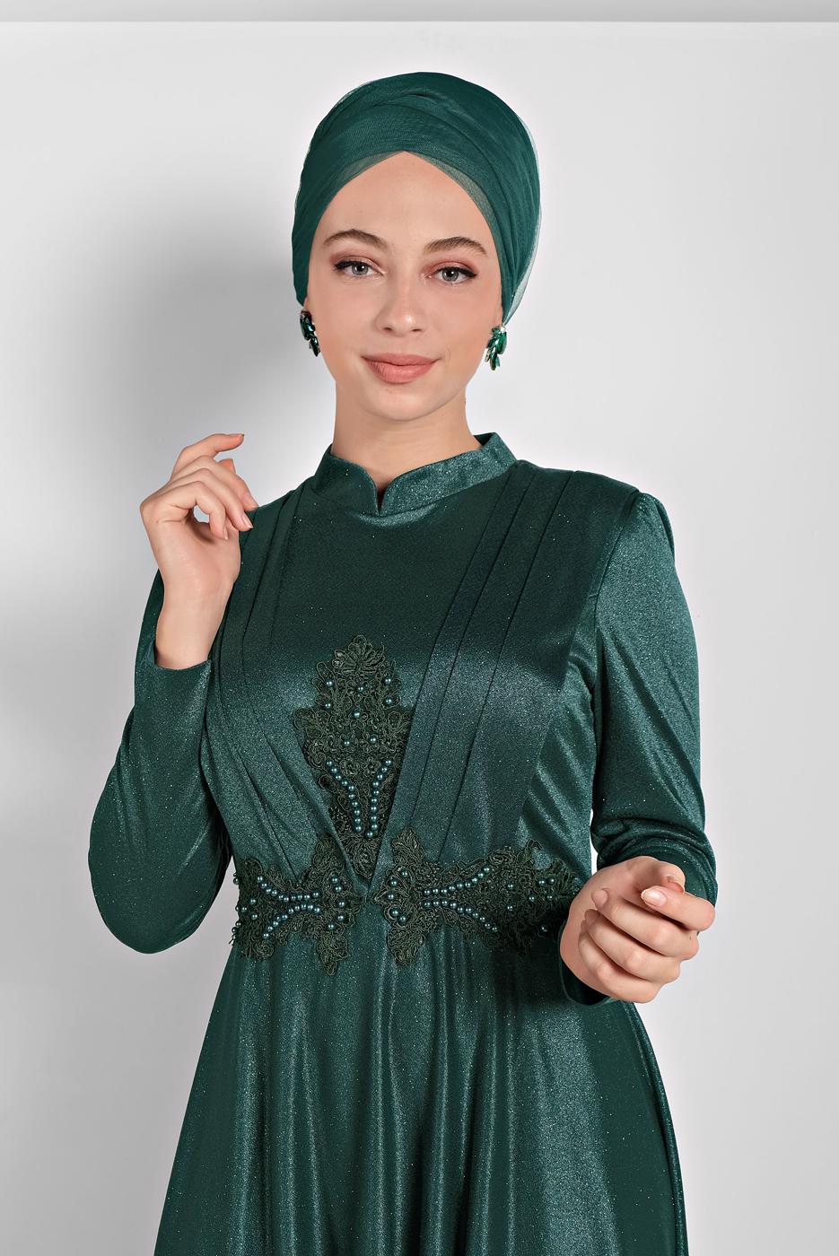 Tesettür giyim YEŞİL İŞLEMELİ ABİYE ELBİSE 5810