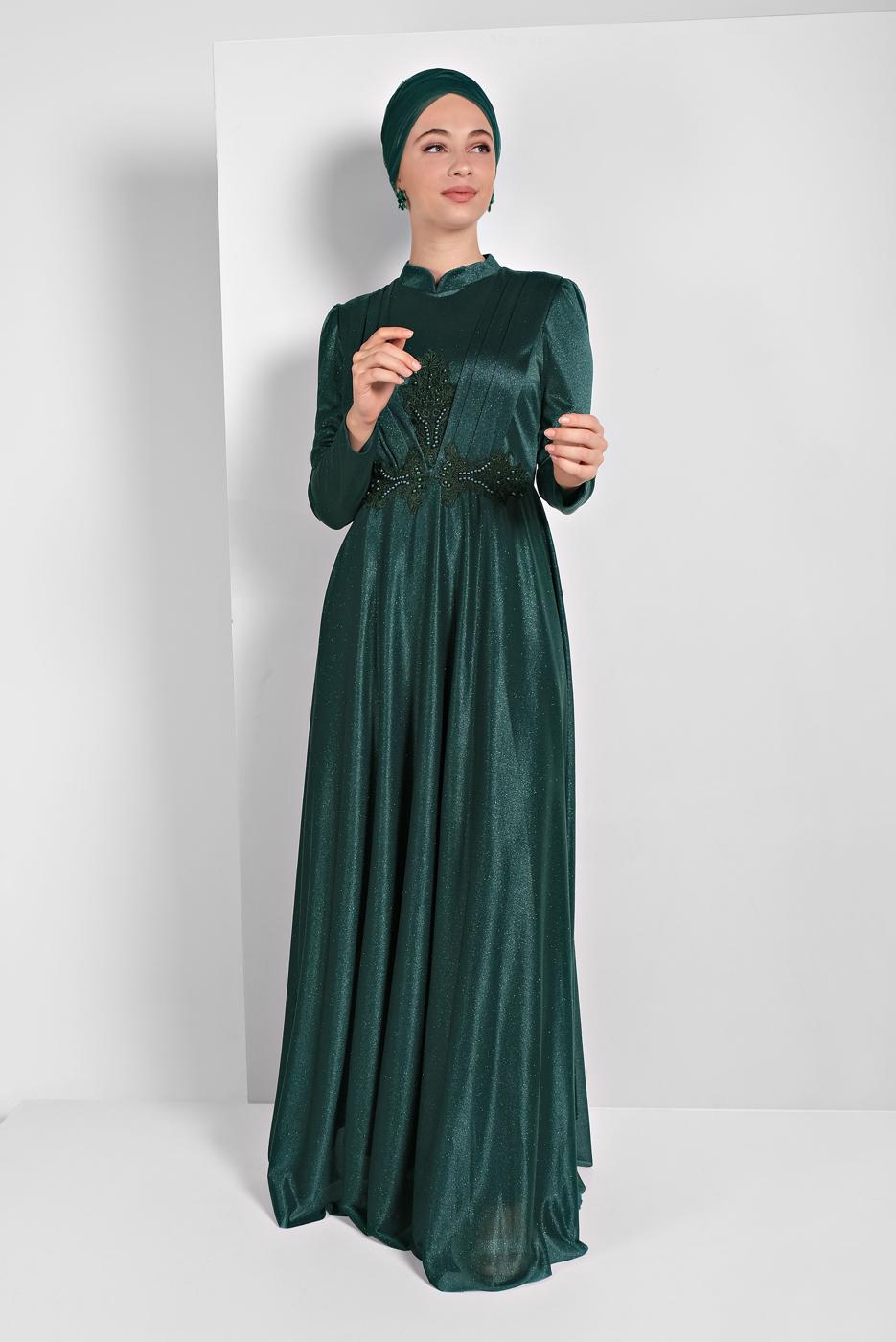 Tesettür giyim YEŞİL İŞLEMELİ ABİYE ELBİSE 5810