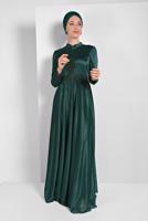 Tesettür giyim YEŞİL İŞLEMELİ ABİYE ELBİSE 5810