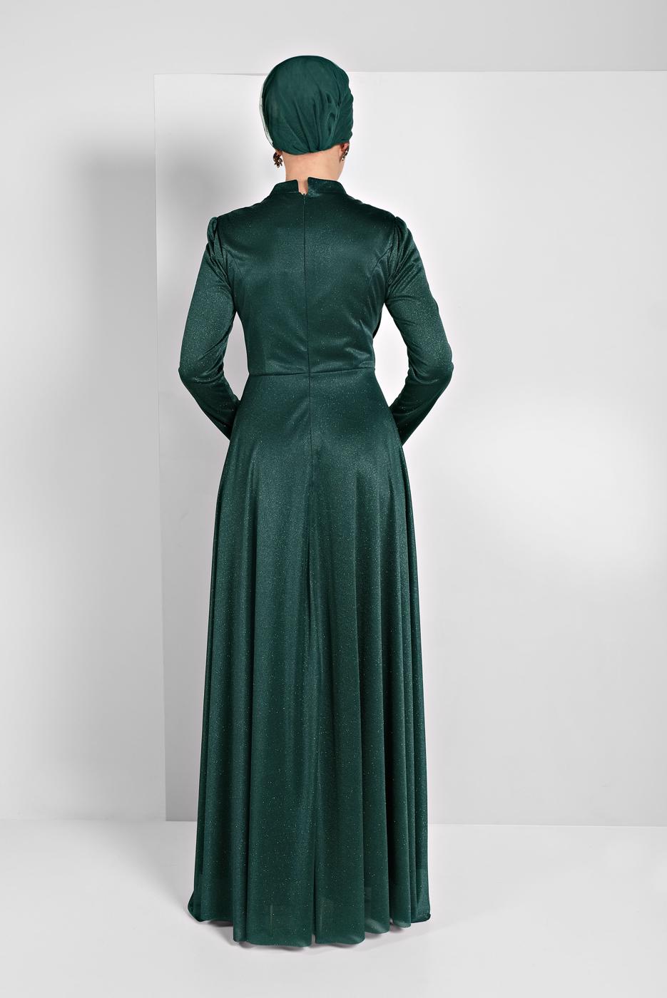 Tesettür giyim YEŞİL İŞLEMELİ ABİYE ELBİSE 5810