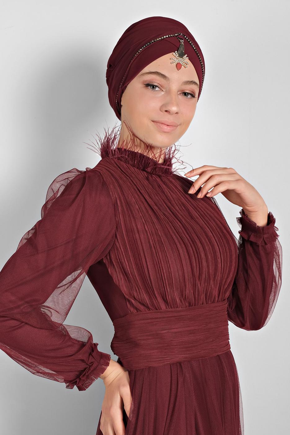 Hijab clothing CLARET RED TULLE NIGHT DRESS  5910 
