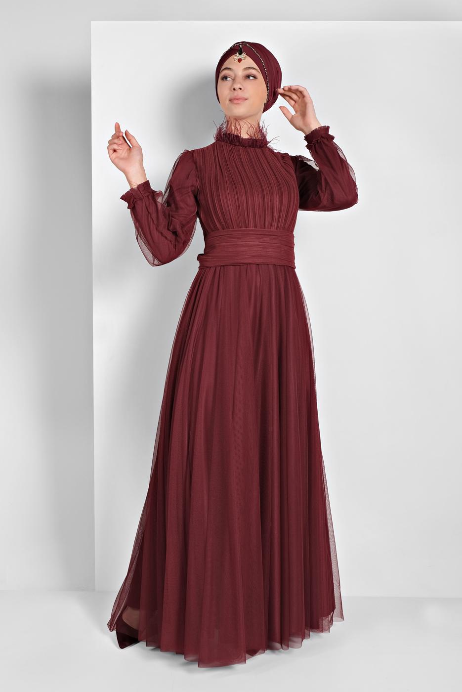 Hijab clothing CLARET RED TULLE NIGHT DRESS  5910 