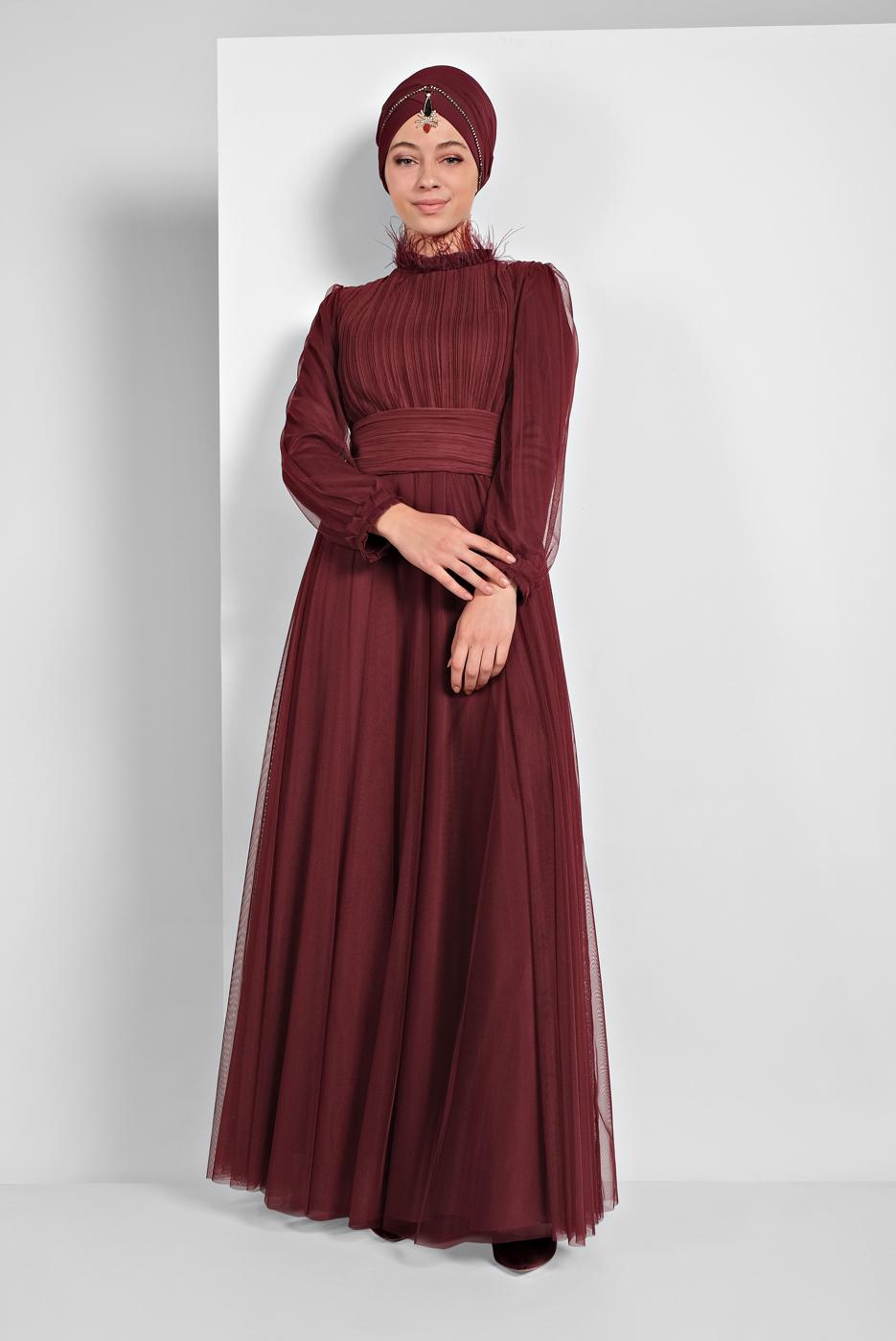 Hijab clothing CLARET RED TULLE NIGHT DRESS  5910 