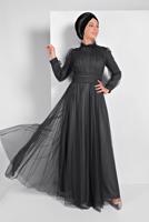 Tesettür giyim GRİ TÜLLÜ DRAPELİ ABİYE ELBİSE 5910