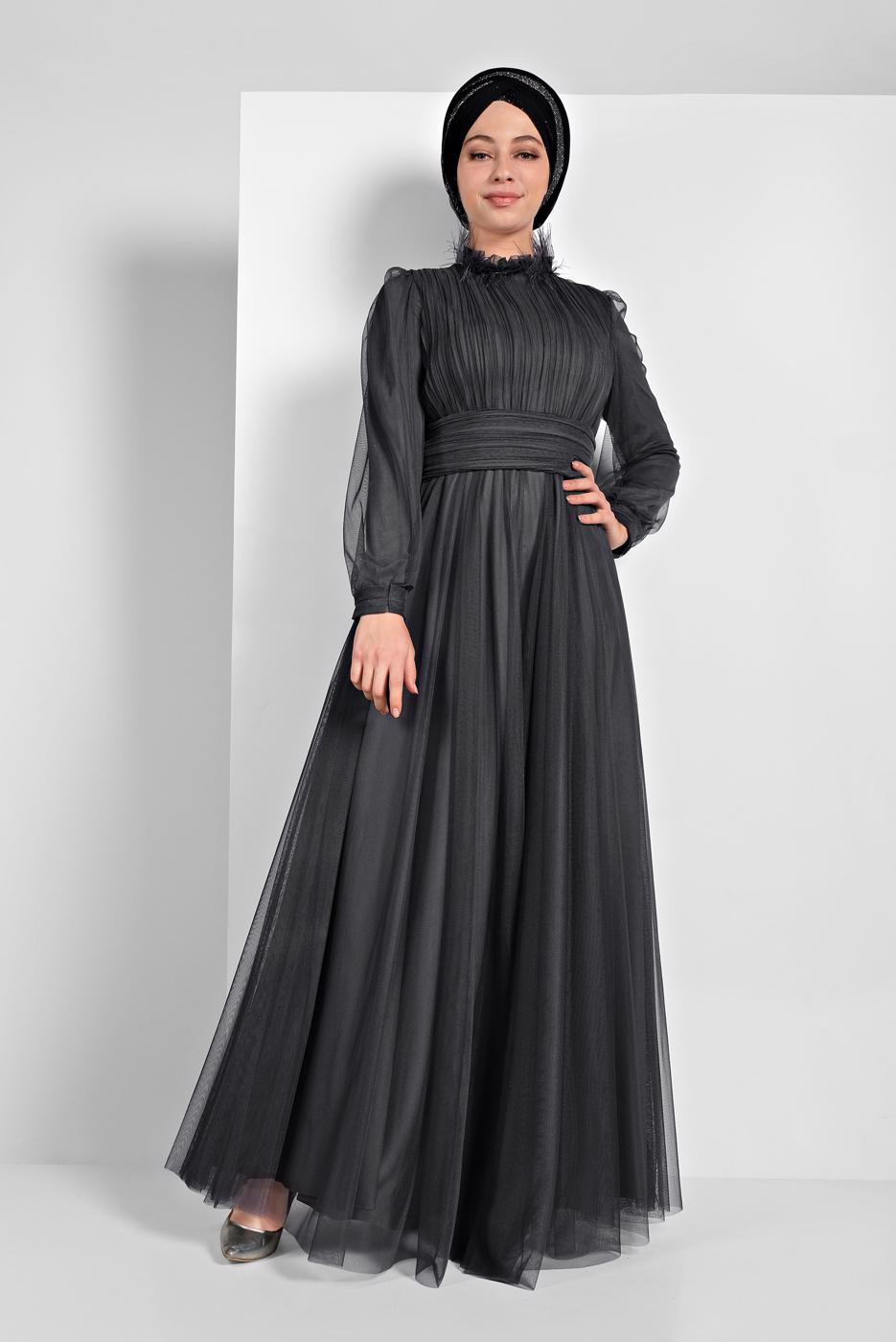 Tesettür giyim GRİ TÜLLÜ DRAPELİ ABİYE ELBİSE 5910