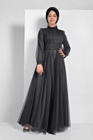 Tesettür giyim GRİ TÜLLÜ DRAPELİ ABİYE ELBİSE 5910