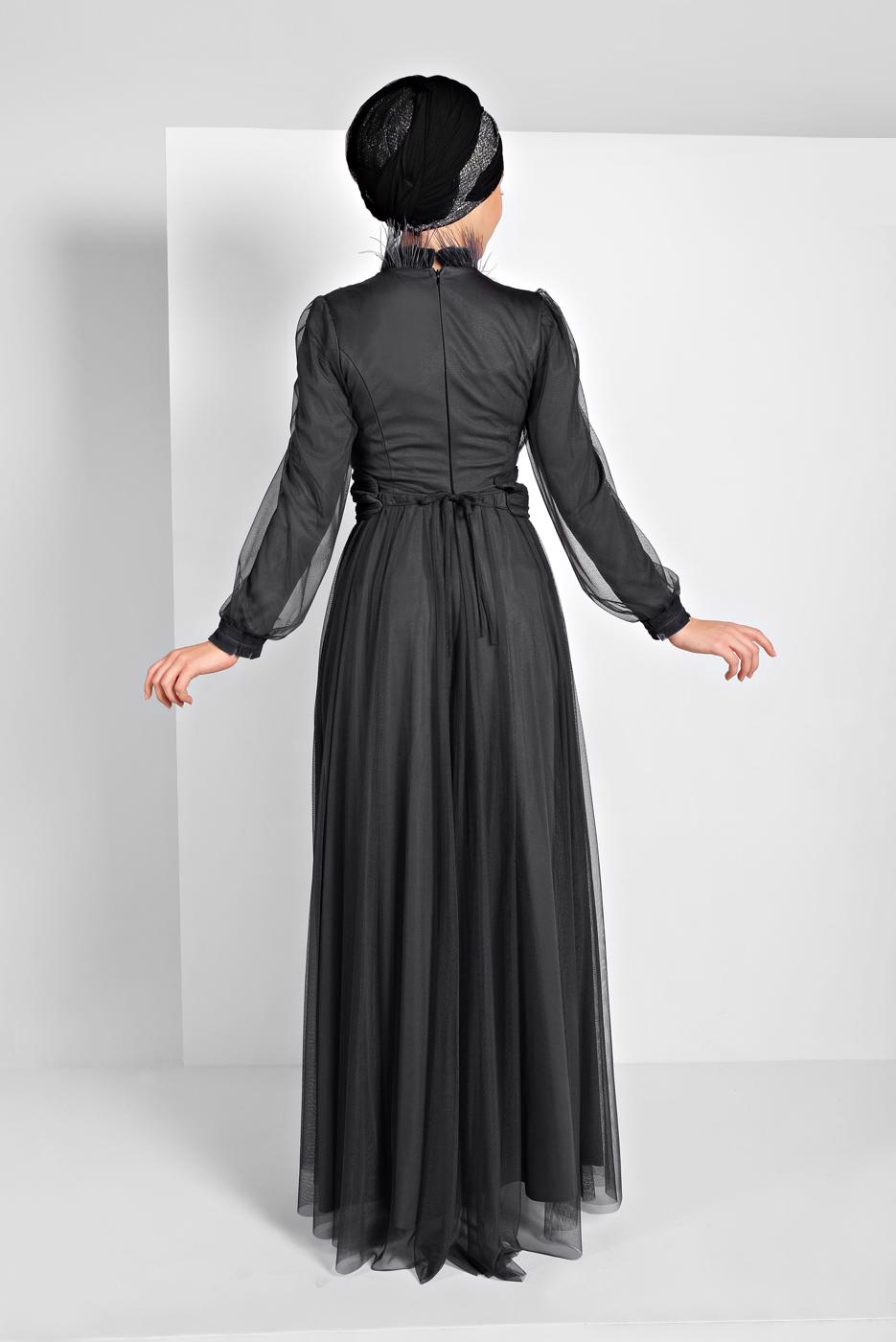 Tesettür giyim GRİ TÜLLÜ DRAPELİ ABİYE ELBİSE 5910