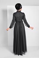 Tesettür giyim GRİ TÜLLÜ DRAPELİ ABİYE ELBİSE 5910