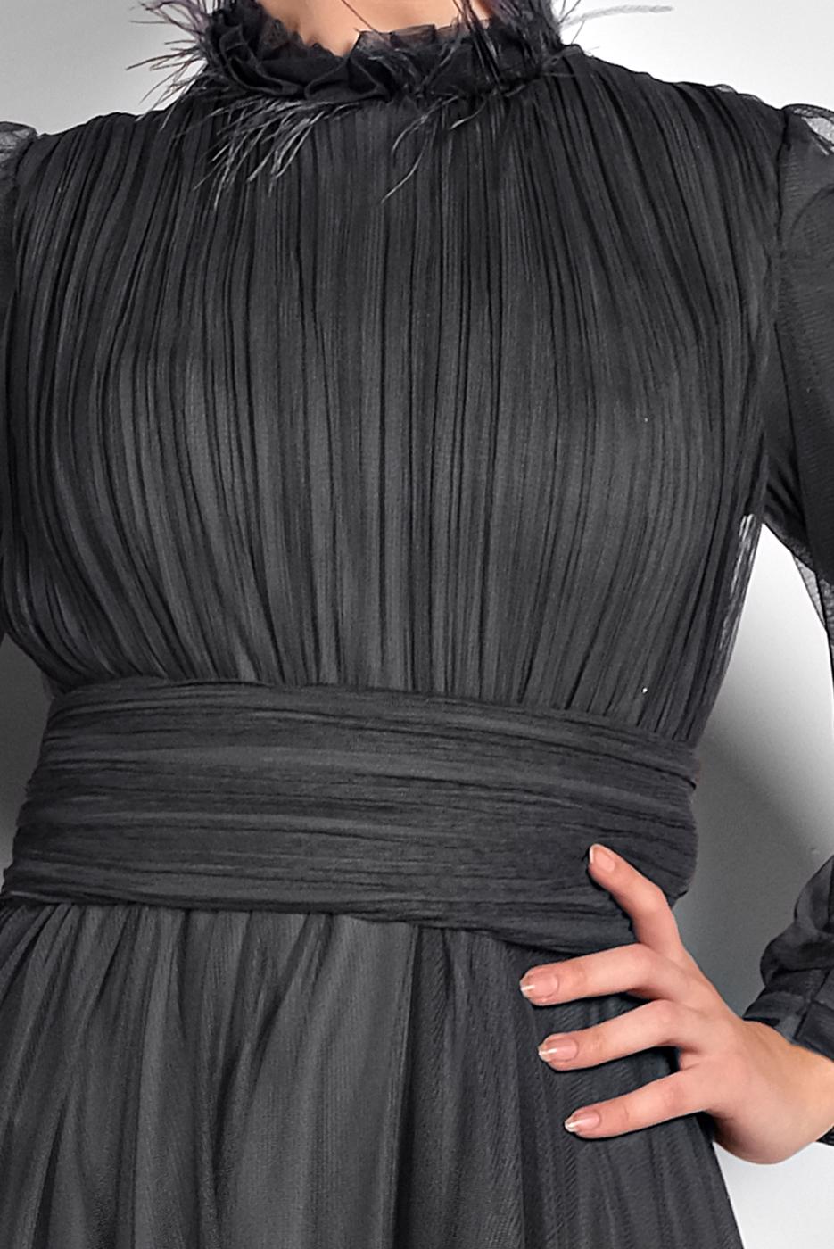 Tesettür giyim GRİ TÜLLÜ DRAPELİ ABİYE ELBİSE 5910