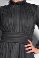 Tesettür giyim GRİ TÜLLÜ DRAPELİ ABİYE ELBİSE 5910