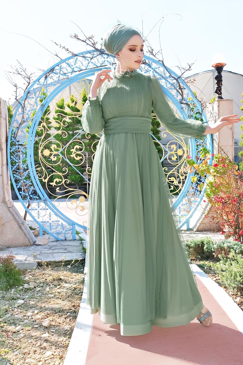 Tesettür giyim YEŞİL TÜLLÜ DRAPELİ ABİYE ELBİSE 5910