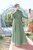 Tesettür giyim YEŞİL TÜLLÜ DRAPELİ ABİYE ELBİSE 5910