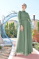 Tesettür giyim YEŞİL TÜLLÜ DRAPELİ ABİYE ELBİSE 5910