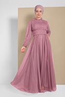 Tesettür giyim PEMBE TÜLLÜ DRAPELİ ABİYE ELBİSE 5910