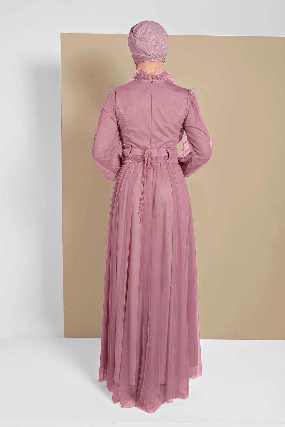 Tesettür giyim PEMBE TÜLLÜ DRAPELİ ABİYE ELBİSE 5910