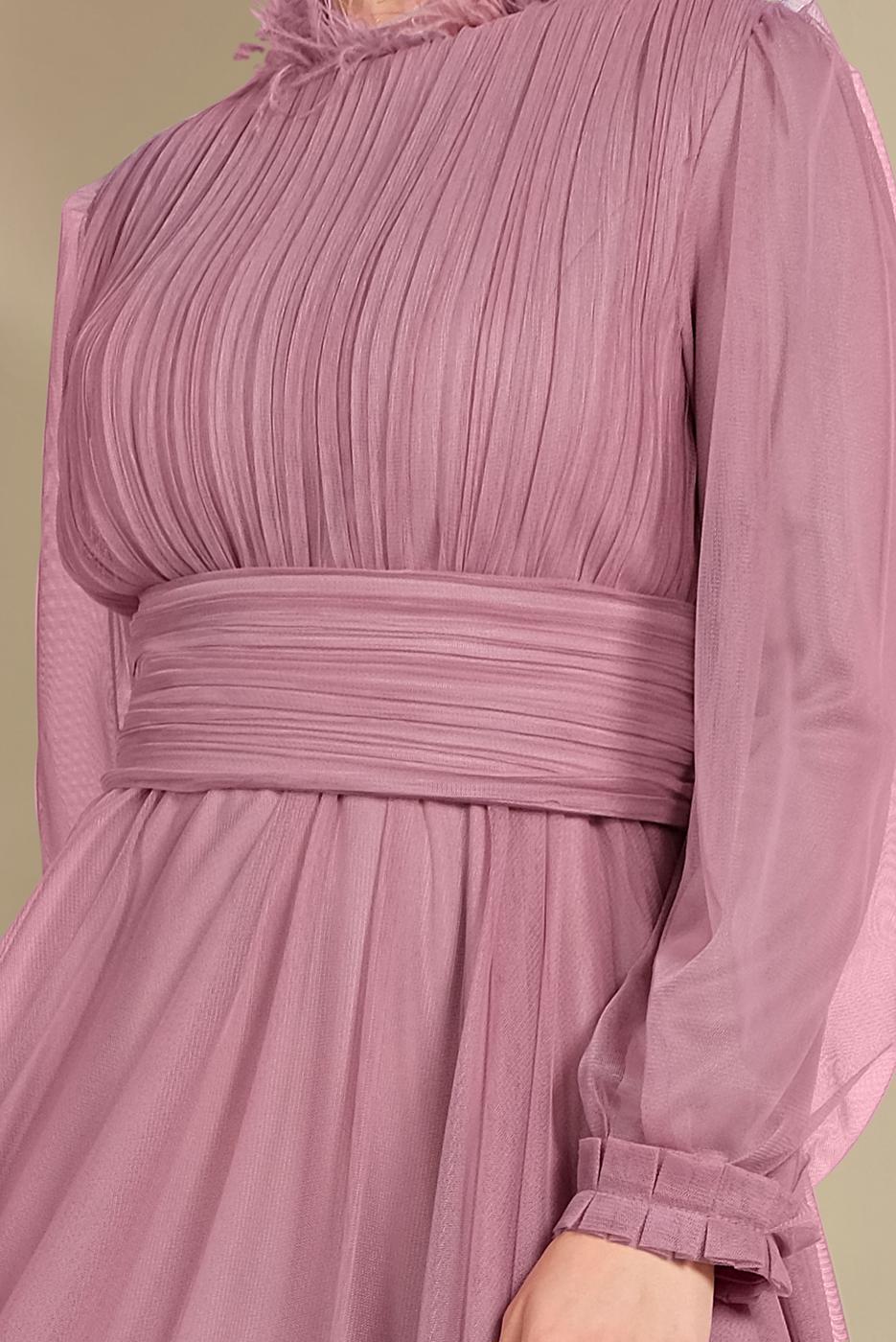 Tesettür giyim PEMBE TÜLLÜ DRAPELİ ABİYE ELBİSE 5910