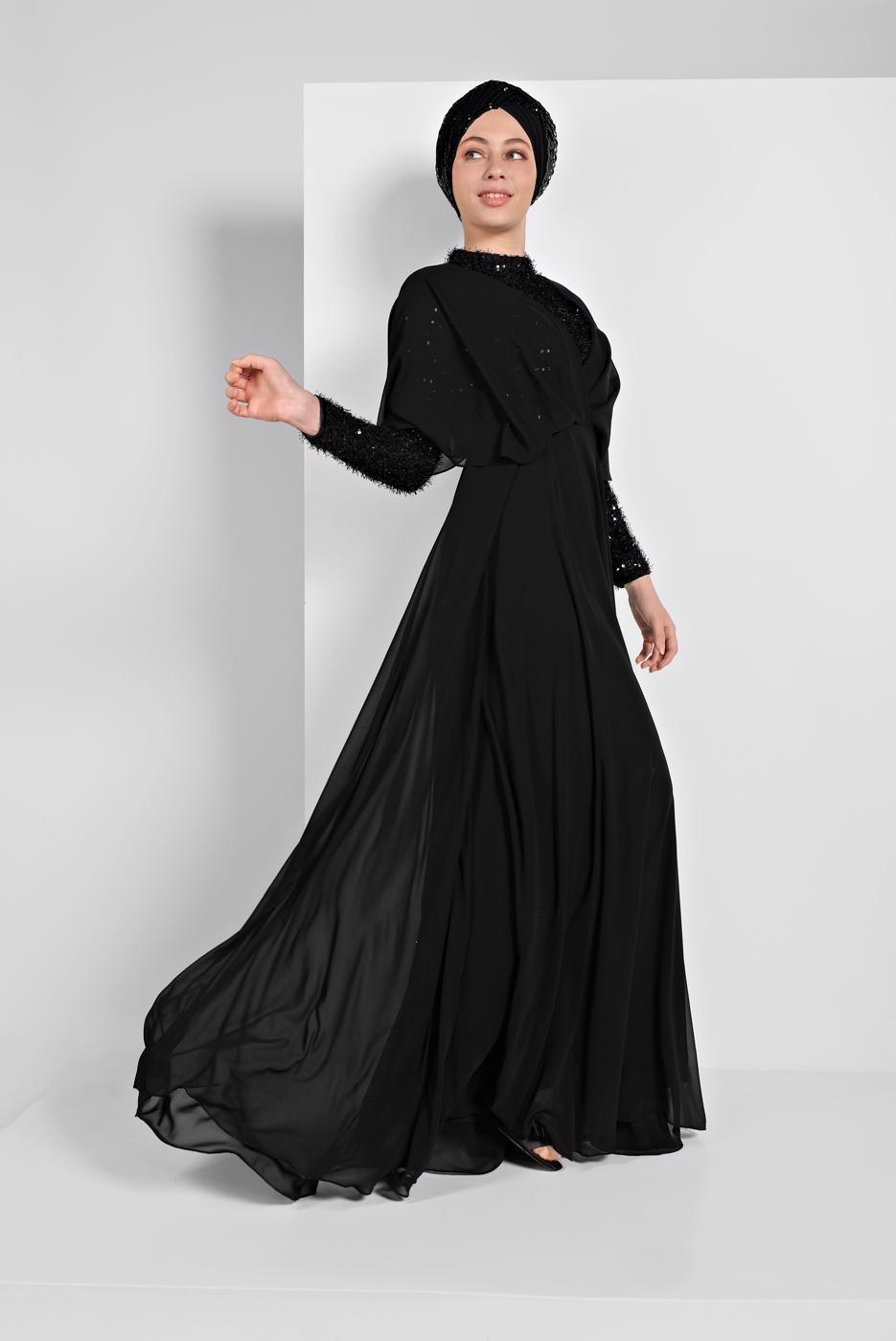 Tesettür giyim SİYAH PULLU ŞİFON ABİYE ELBİSE 6710