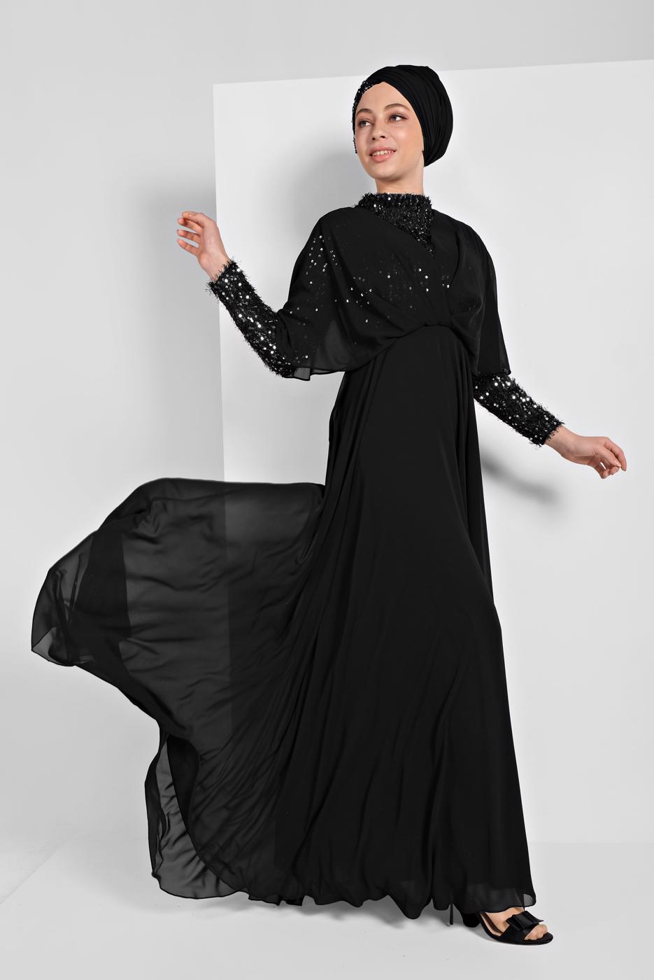 Tesettür giyim SİYAH PULLU ŞİFON ABİYE ELBİSE 6710