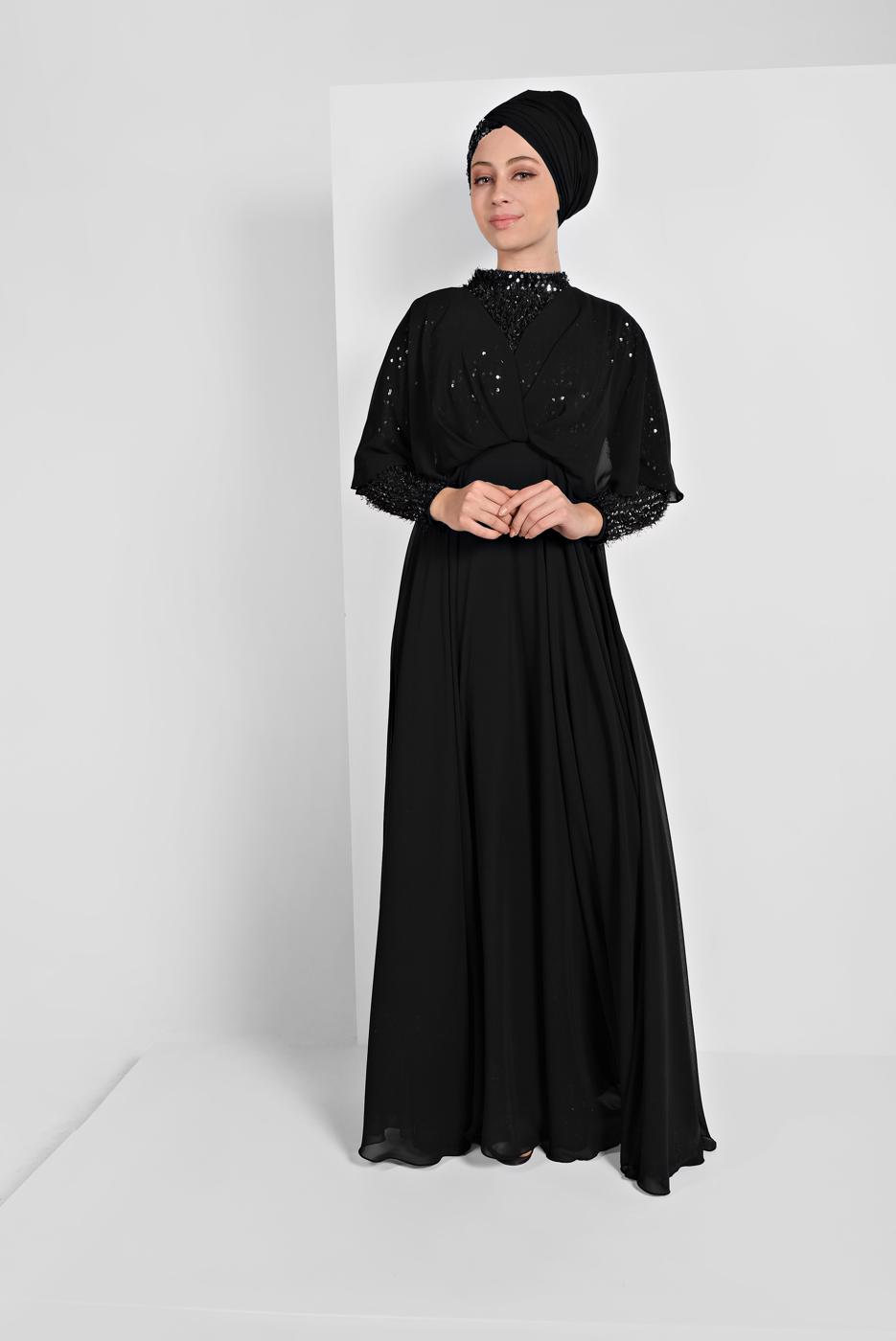 Tesettür giyim SİYAH PULLU ŞİFON ABİYE ELBİSE 6710