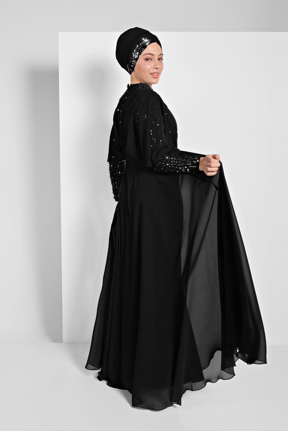 Tesettür giyim SİYAH PULLU ŞİFON ABİYE ELBİSE 6710