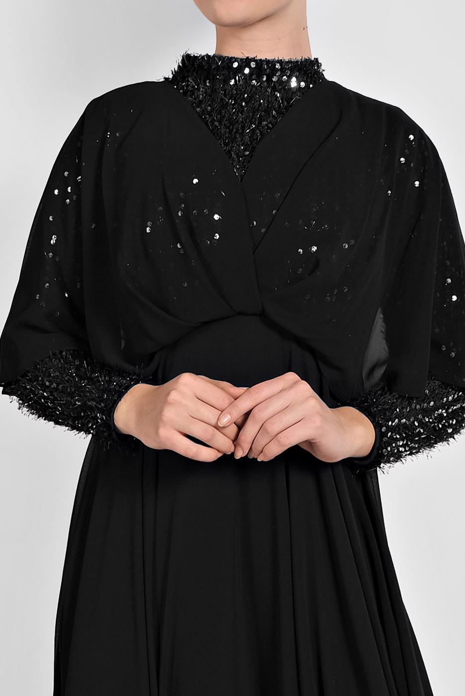 Tesettür giyim SİYAH PULLU ŞİFON ABİYE ELBİSE 6710