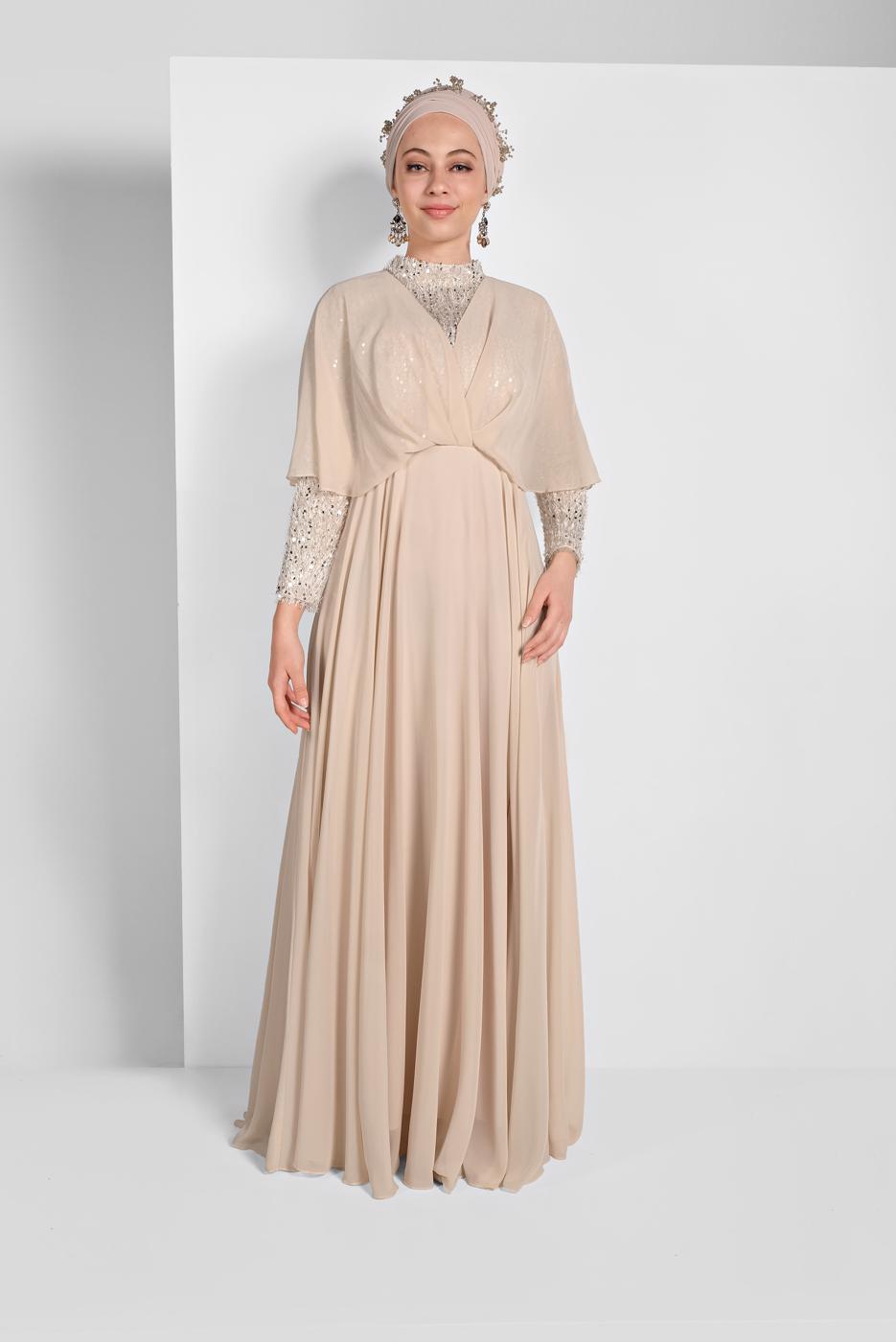 Tesettür giyim BEJ PULLU ŞİFON ABİYE ELBİSE 6710