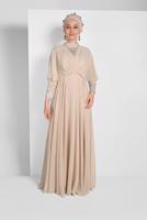 Tesettür giyim BEJ PULLU ŞİFON ABİYE ELBİSE 6710