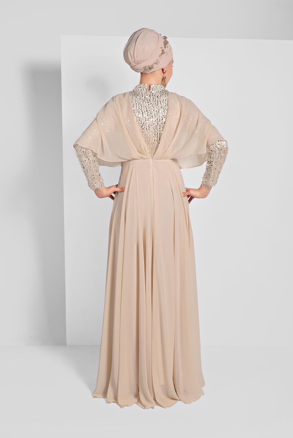 Tesettür giyim BEJ PULLU ŞİFON ABİYE ELBİSE 6710