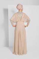 Tesettür giyim BEJ PULLU ŞİFON ABİYE ELBİSE 6710