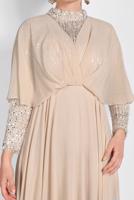 Tesettür giyim BEJ PULLU ŞİFON ABİYE ELBİSE 6710