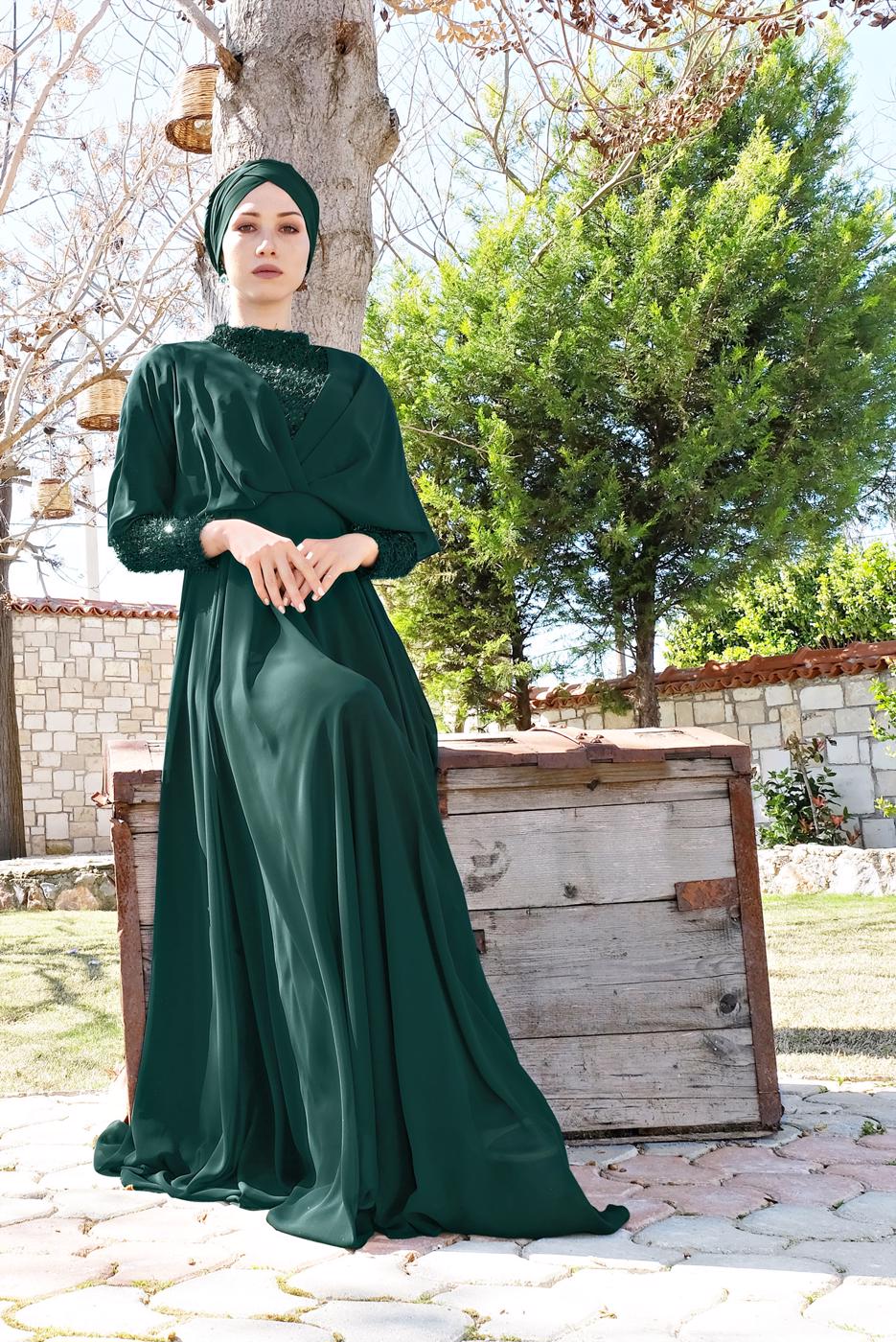 Tesettür giyim YEŞİL PULLU ŞİFON ABİYE ELBİSE 6710