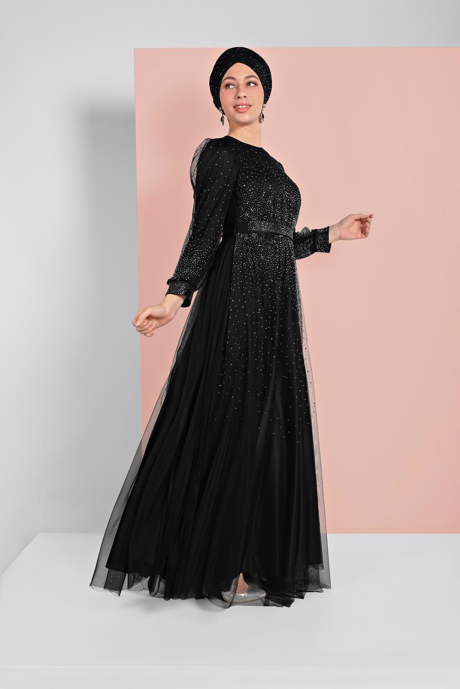 Tesettür giyim SİYAH PUL PAYETLİ SİMLİ ABİYE ELBİSE 9810
