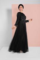 Tesettür giyim SİYAH PUL PAYETLİ SİMLİ ABİYE ELBİSE 9810