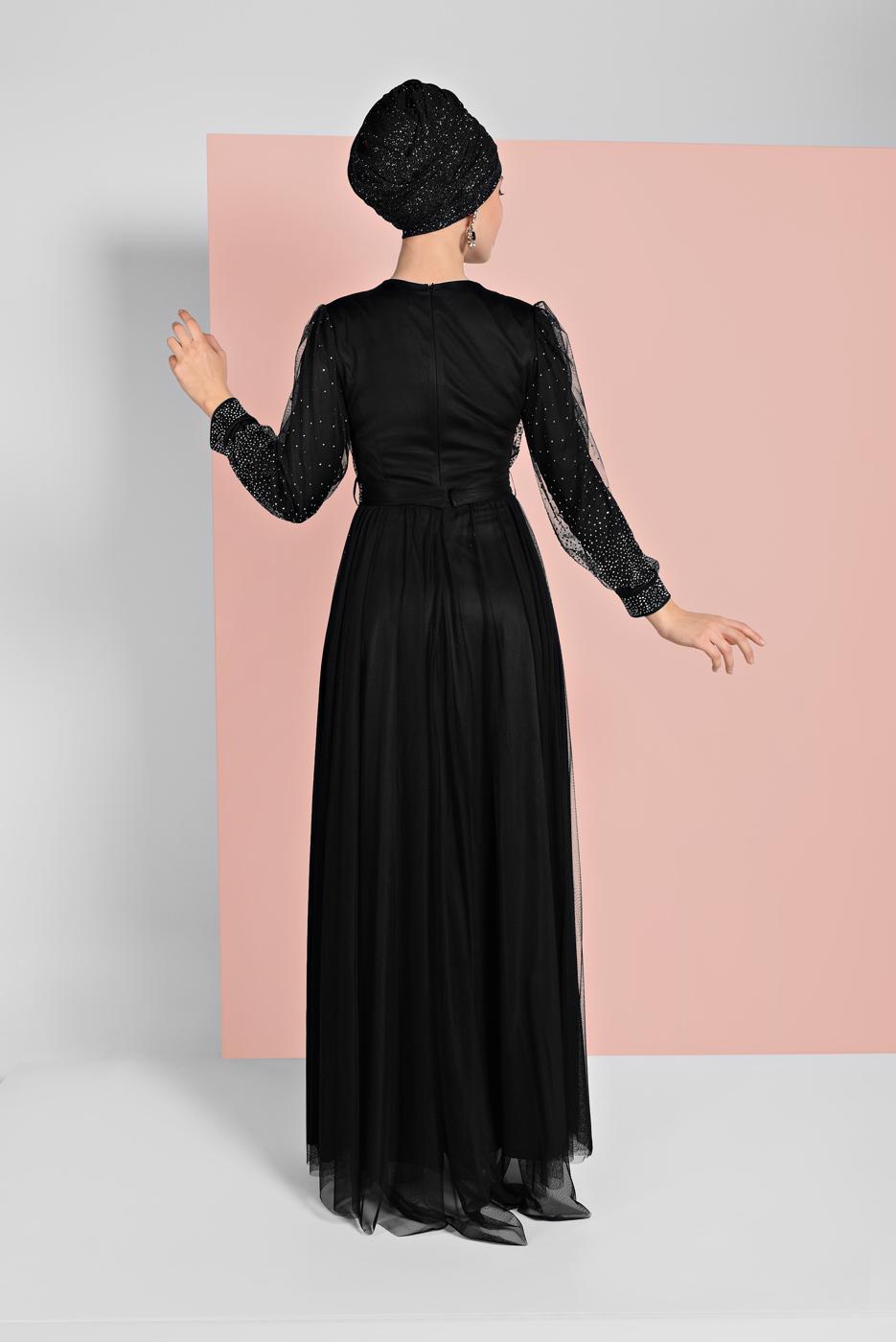 Tesettür giyim SİYAH PUL PAYETLİ SİMLİ ABİYE ELBİSE 9810