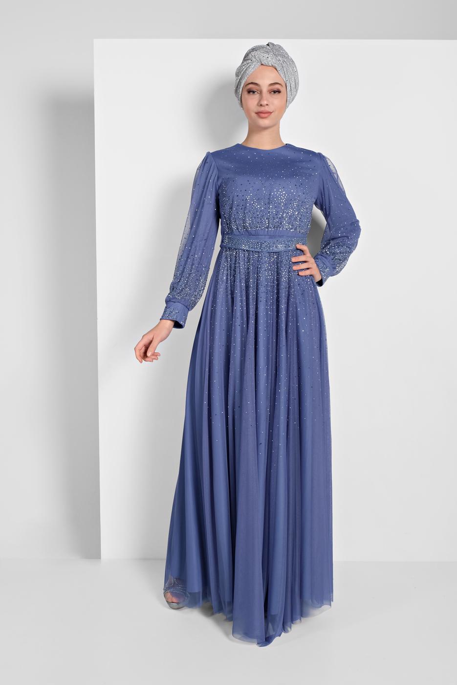 Tesettür giyim MAVİ PUL PAYETLİ SİMLİ ABİYE ELBİSE 9810