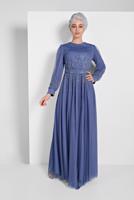 Tesettür giyim MAVİ PUL PAYETLİ SİMLİ ABİYE ELBİSE 9810