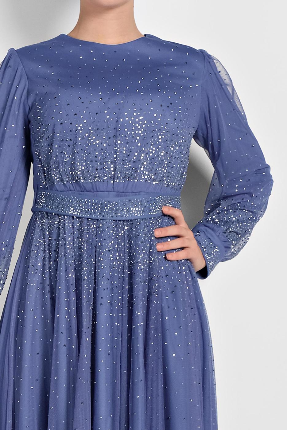 Tesettür giyim MAVİ PUL PAYETLİ SİMLİ ABİYE ELBİSE 9810