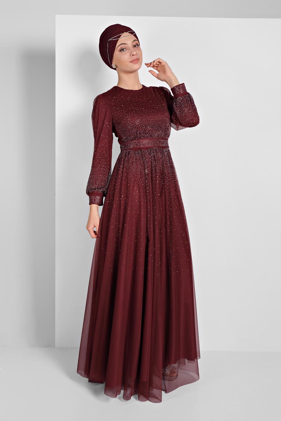 Tesettür giyim BORDO PUL PAYETLİ SİMLİ ABİYE ELBİSE 9810