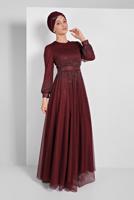 Tesettür giyim BORDO PUL PAYETLİ SİMLİ ABİYE ELBİSE 9810