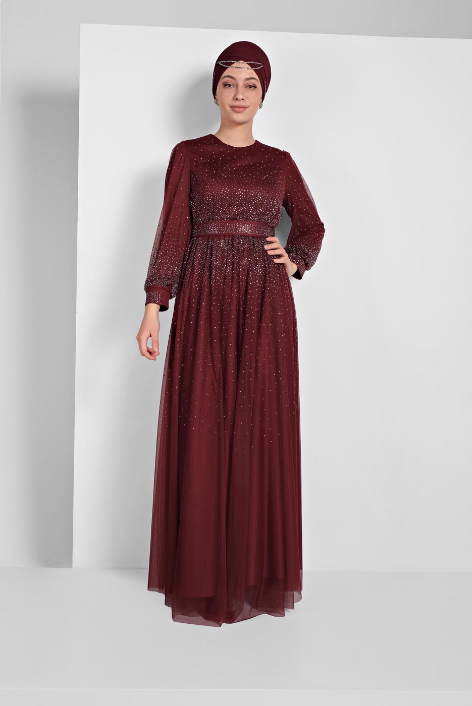 Tesettür giyim BORDO PUL PAYETLİ SİMLİ ABİYE ELBİSE 9810