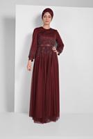 Tesettür giyim BORDO PUL PAYETLİ SİMLİ ABİYE ELBİSE 9810