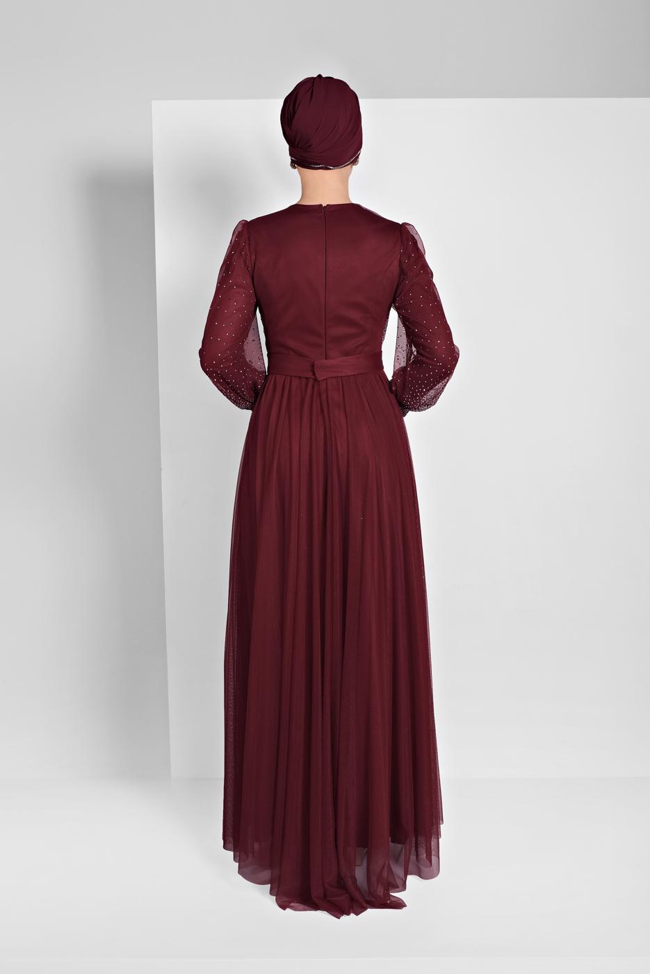 Tesettür giyim BORDO PUL PAYETLİ SİMLİ ABİYE ELBİSE 9810